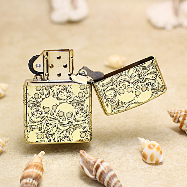 Zippo Vintage Bronze Intricate Engraved Skulls and Roses Pattern - CC164