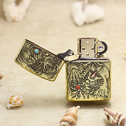 Zippo Vintage Bronze Complete Chiseled Pixiu Double Gemstone - CC112
