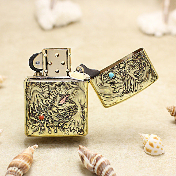 Zippo Vintage Bronze Complete Chiseled Pixiu Double Gemstone - CC112