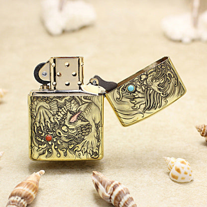 Zippo Vintage Bronze Complete Chiseled Pixiu Double Gemstone - CC112