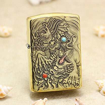 Zippo Vintage Bronze Complete Chiseled Pixiu Double Gemstone - CC112