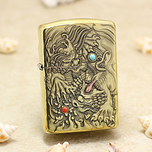 Zippo Vintage Bronze Complete Chiseled Pixiu Double Gemstone - CC112