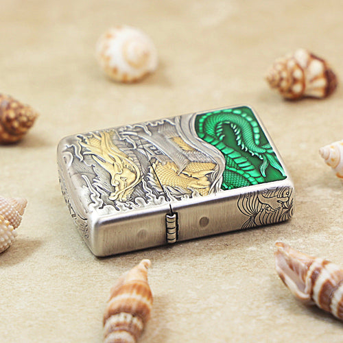 Zippo Vintage Argent & Gold-Layered 'Carp Leaping Over the Serpent Gate' - 162-DS54
