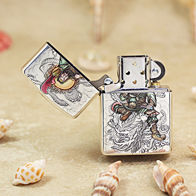 Zippo Vintage Argent 'Guan Yu Riding Dragon' Multi-Media Carving - DS116
