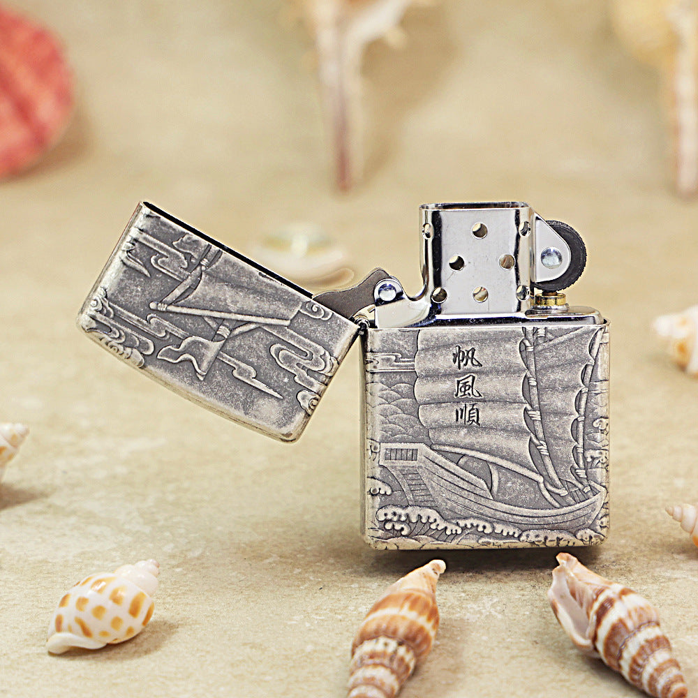 Zippo Vintage Argent 'Smooth Sailing' Junk Ship Intricate Carve - DS123
