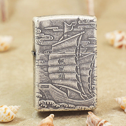 Zippo Vintage Argent 'Smooth Sailing' Junk Ship Intricate Carve - DS123