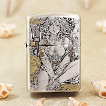 Zippo Vintage Argent Two-Finish 'Motorcycle Girl' - 162-DS67