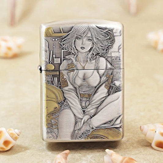Zippo Vintage Argent Two-Finish 'Motorcycle Girl' - 162-DS67