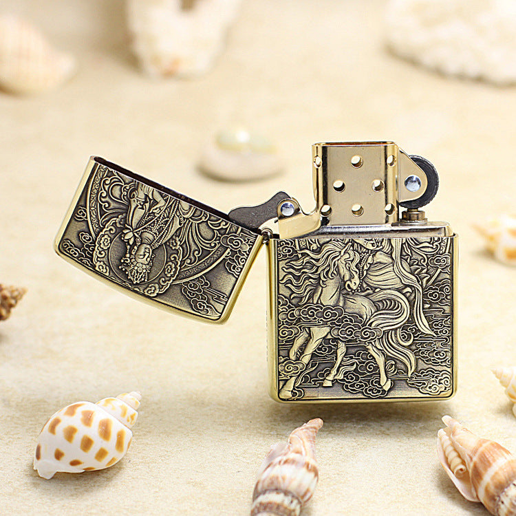Zippo Heavy-duty Vintage Bronze Intricate Engraved Protector Shakyamuni Riding Horse - CC138