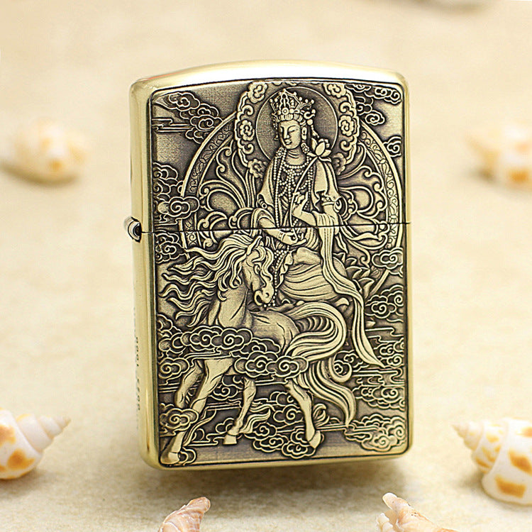 Zippo Heavy-duty Vintage Bronze Intricate Engraved Protector Shakyamuni Riding Horse - CC138