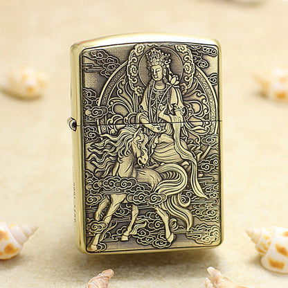 Zippo Heavy-duty Vintage Bronze Intricate Engraved Protector Shakyamuni Riding Horse - CC138