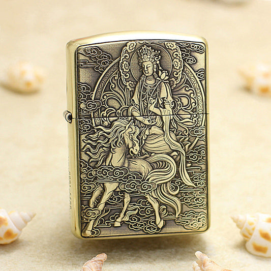 Zippo Heavy-duty Vintage Bronze Intricate Engraved Protector Shakyamuni Riding Horse - CC138