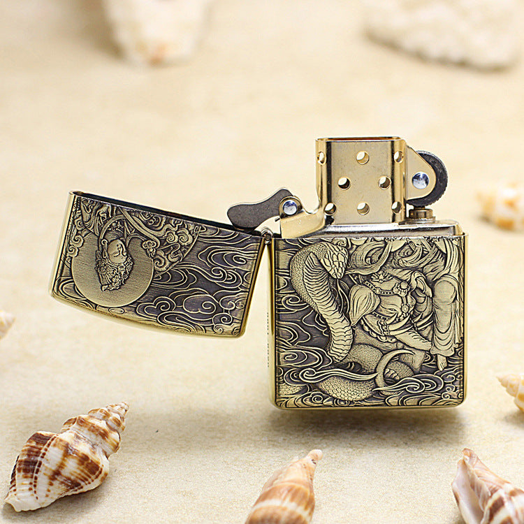Zippo Heavy-duty Vintage Bronze Intricate Engraved Protector Shakyamuni and Cobra - CC130