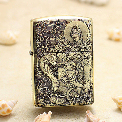 Zippo Heavy-duty Vintage Bronze Intricate Engraved Protector Shakyamuni and Cobra - CC130