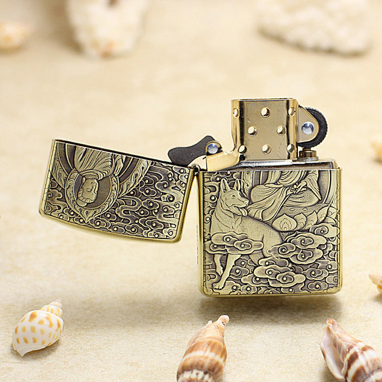 Zippo Heavy-duty Vintage Bronze Intricate Engraved Protector Shakyamuni and Dog - CC133