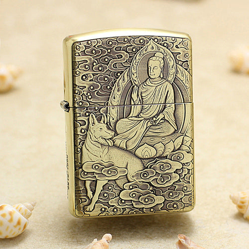 Zippo Heavy-duty Vintage Bronze Intricate Engraved Protector Shakyamuni and Dog - CC133