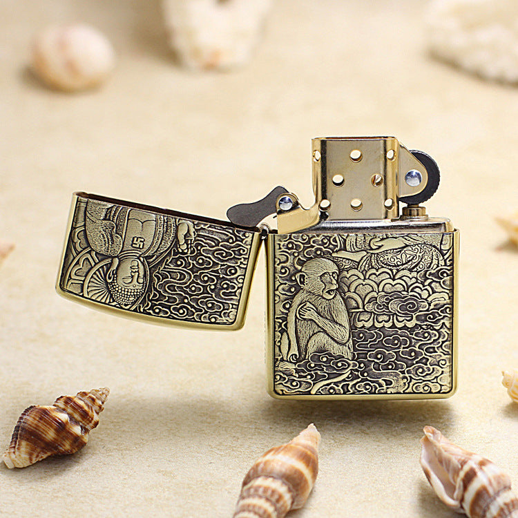 Zippo Heavy-duty Vintage Bronze Intricate Engraved Protector Shakyamuni and Monkey - CC116