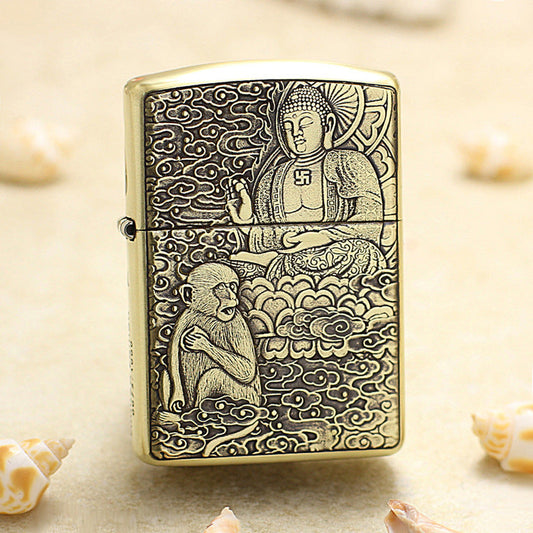 Zippo Heavy-duty Vintage Bronze Intricate Engraved Protector Shakyamuni and Monkey - CC116