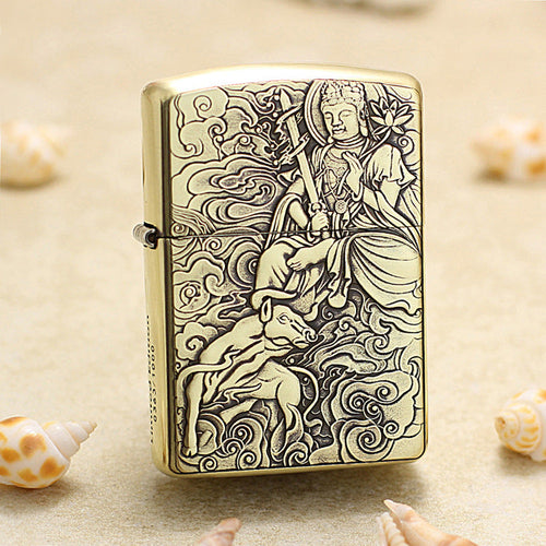 Zippo Heavy-duty Vintage Bronze Intricate Engraved Protector Shakyamuni and Ox - CC144