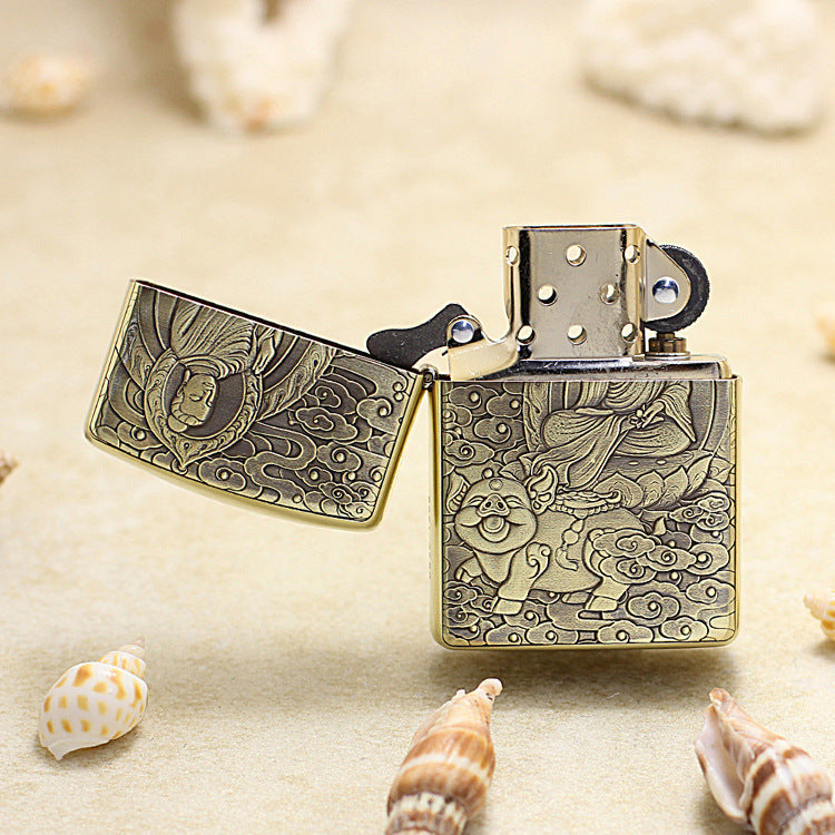 Zippo Heavy-duty Vintage Bronze Intricate Engraved Protector Shakyamuni and Pig - CC132