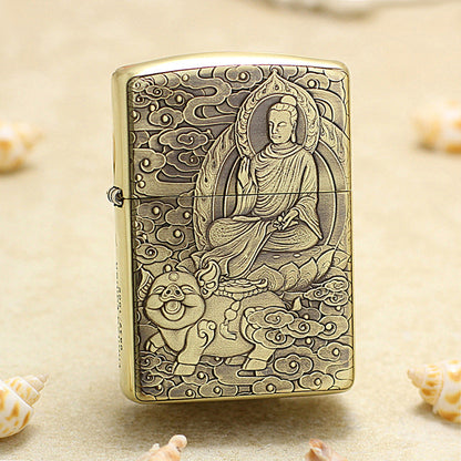 Zippo Heavy-duty Vintage Bronze Intricate Engraved Protector Shakyamuni and Pig - CC132