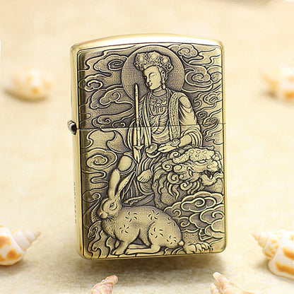 Zippo Heavy-duty Vintage Bronze Intricate Engraved Protector Shakyamuni and Rabbit - CC136