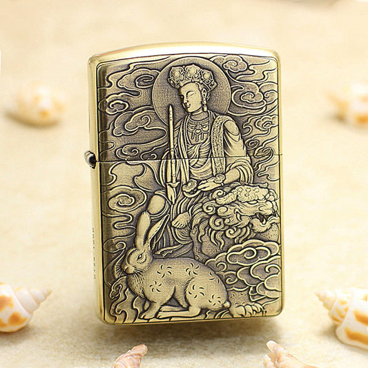 Zippo Heavy-duty Vintage Bronze Intricate Engraved Protector Shakyamuni and Rabbit - CC136