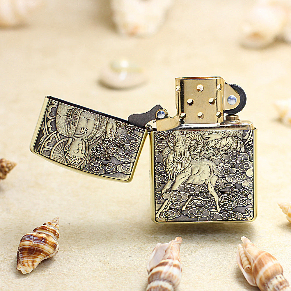 Zippo Heavy-duty Vintage Bronze Intricate Engraved Protector Shakyamuni and Ram - CC140