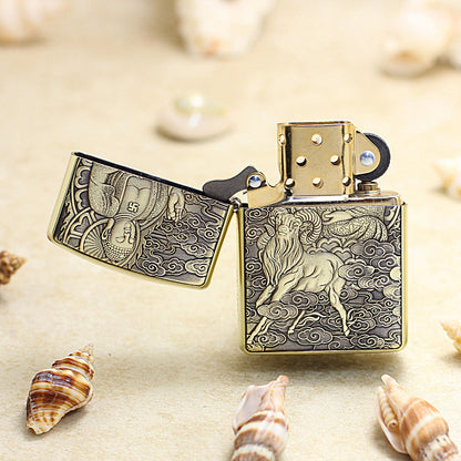 Zippo Heavy-duty Vintage Bronze Intricate Engraved Protector Shakyamuni and Ram - CC140