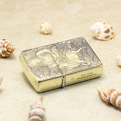 Zippo Heavy-duty Vintage Bronze Intricate Engraved Protector Shakyamuni and Ram - CC140