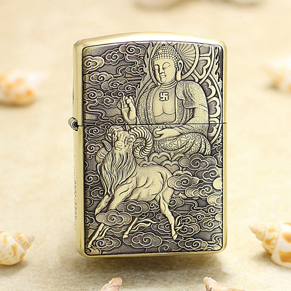 Zippo Heavy-duty Vintage Bronze Intricate Engraved Protector Shakyamuni and Ram - CC140
