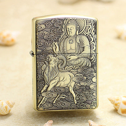 Zippo Heavy-duty Vintage Bronze Intricate Engraved Protector Shakyamuni and Ram - CC140