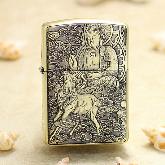 Zippo Heavy-duty Vintage Bronze Intricate Engraved Protector Shakyamuni and Ram - CC140