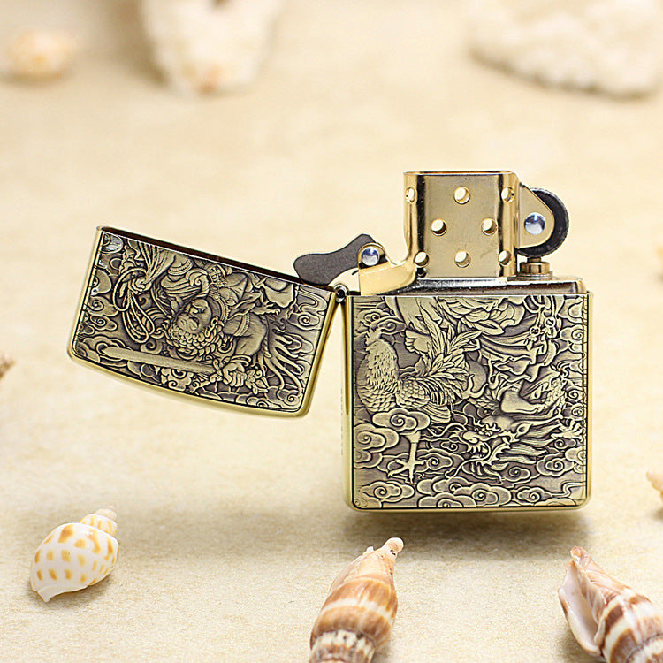 Zippo Heavy-duty Vintage Bronze Intricate Engraved Protector Shakyamuni and Rooster - C131 - CC131