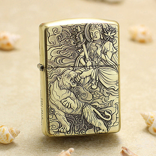 Zippo Heavy-duty Vintage Bronze Intricate Engraved Protector Shakyamuni and Tiger - CC115