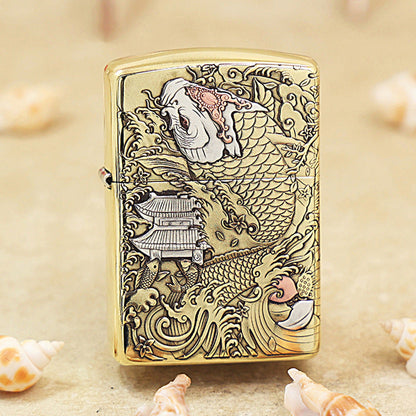 Zippo Heavy-duty Premium Shine Bronze Koi Leaps Serpent Gate - CC95