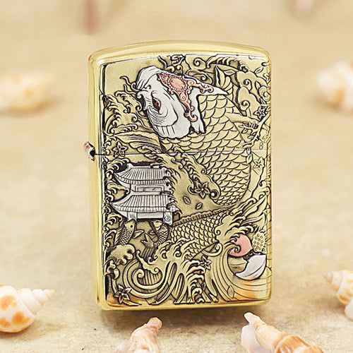 Zippo Heavy-duty Premium Shine Bronze Koi Leaps Serpent Gate - CC95
