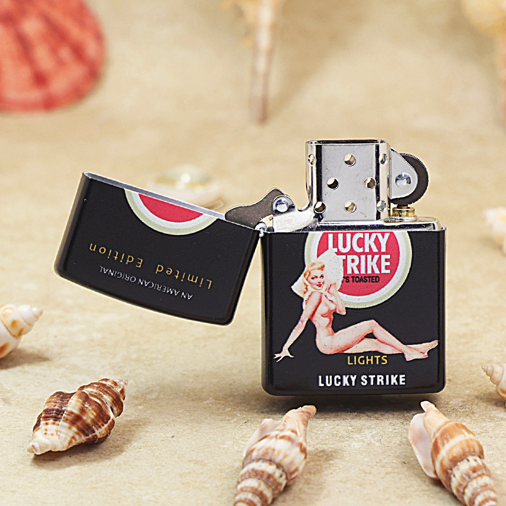 Zippo Obsidian Matte Hue Decorated Lucky Strike Pin-Up Maiden - CS19