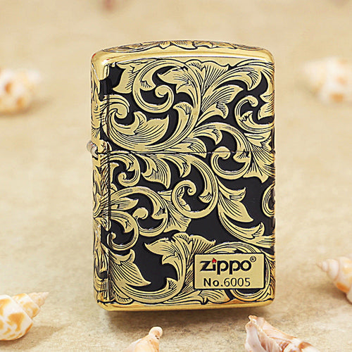 Zippo Obsidian Matte Gold Botanical Scrollwork - CC99