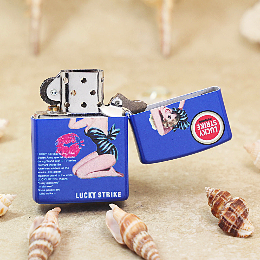 Zippo Blue Matte Hue Decorated Lucky Strike Pin-Up Maiden - CS18