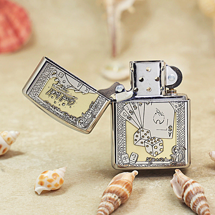 Zippo Textured Steel Intricate Engraved Good Luck Poker Hand and Dice - SC08