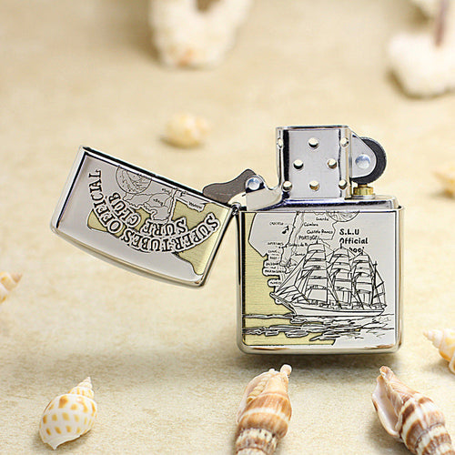 Zippo Textured Steel Intricate Engraved Nautical Chart and Sailing Ship - SC17