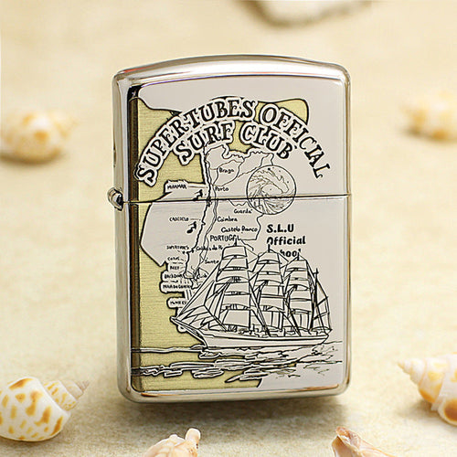 Zippo Textured Steel Intricate Engraved Nautical Chart and Sailing Ship - SC17