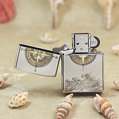 Zippo Textured Steel Two Finish Compass Rose and Waves - SC03