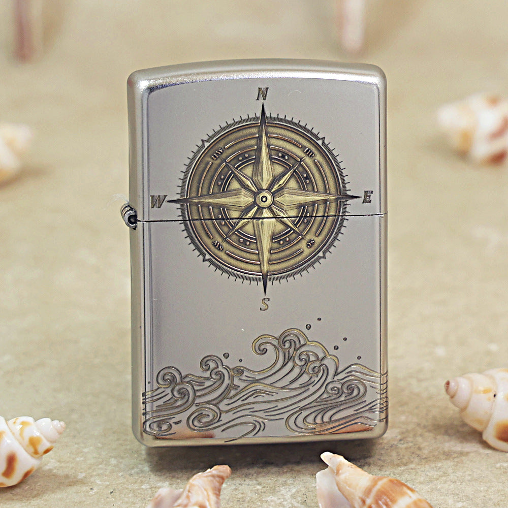 Zippo Textured Steel Two Finish Compass Rose and Waves - SC03