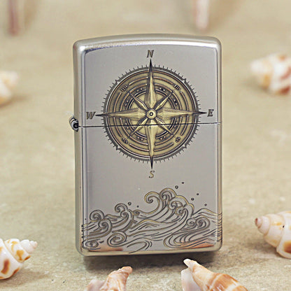 Zippo Textured Steel Two Finish Compass Rose and Waves - SC03