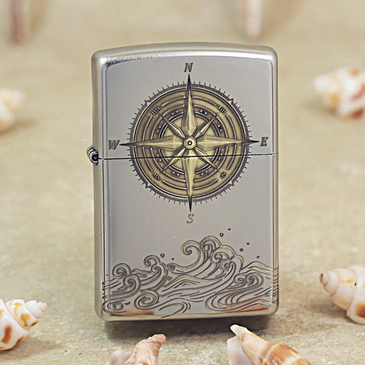 Zippo Textured Steel Two Finish Compass Rose and Waves - SC03