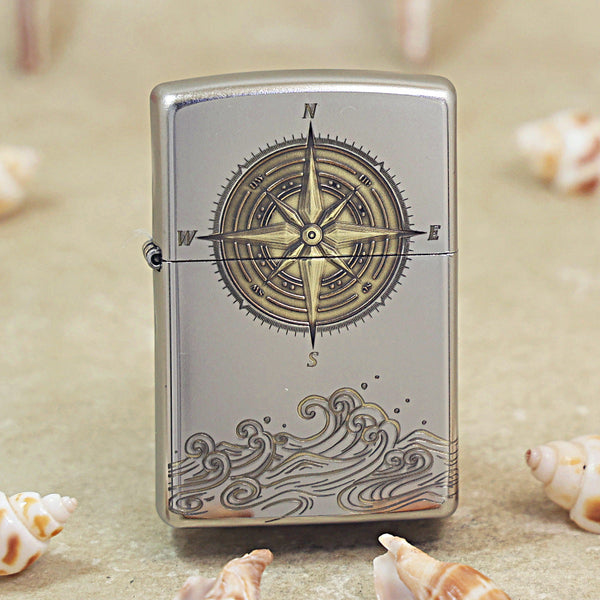 Zippo Textured Steel Two Finish Compass Rose and Waves - SC03
