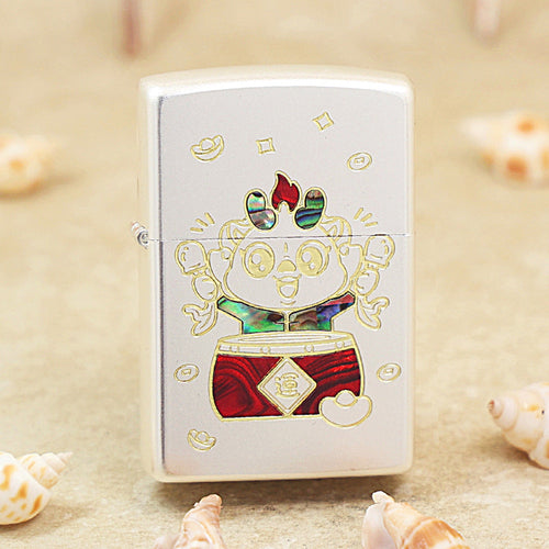 Zippo Textured Smoked Steel 'Good Luck Dragon' Intricate Carve with Abalone Case Inlay - DS142
