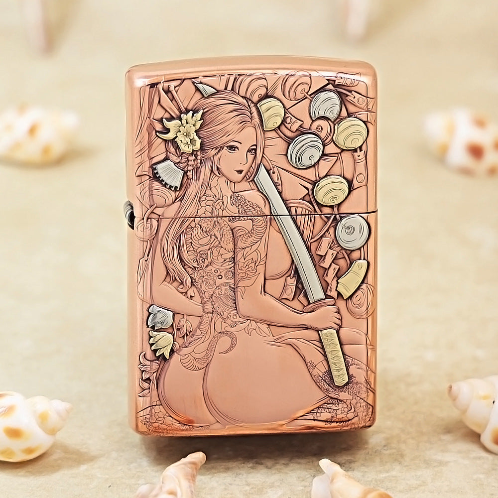 Zippo Copper Finish Intricate Engraved Female Warrior and Katana - CM13